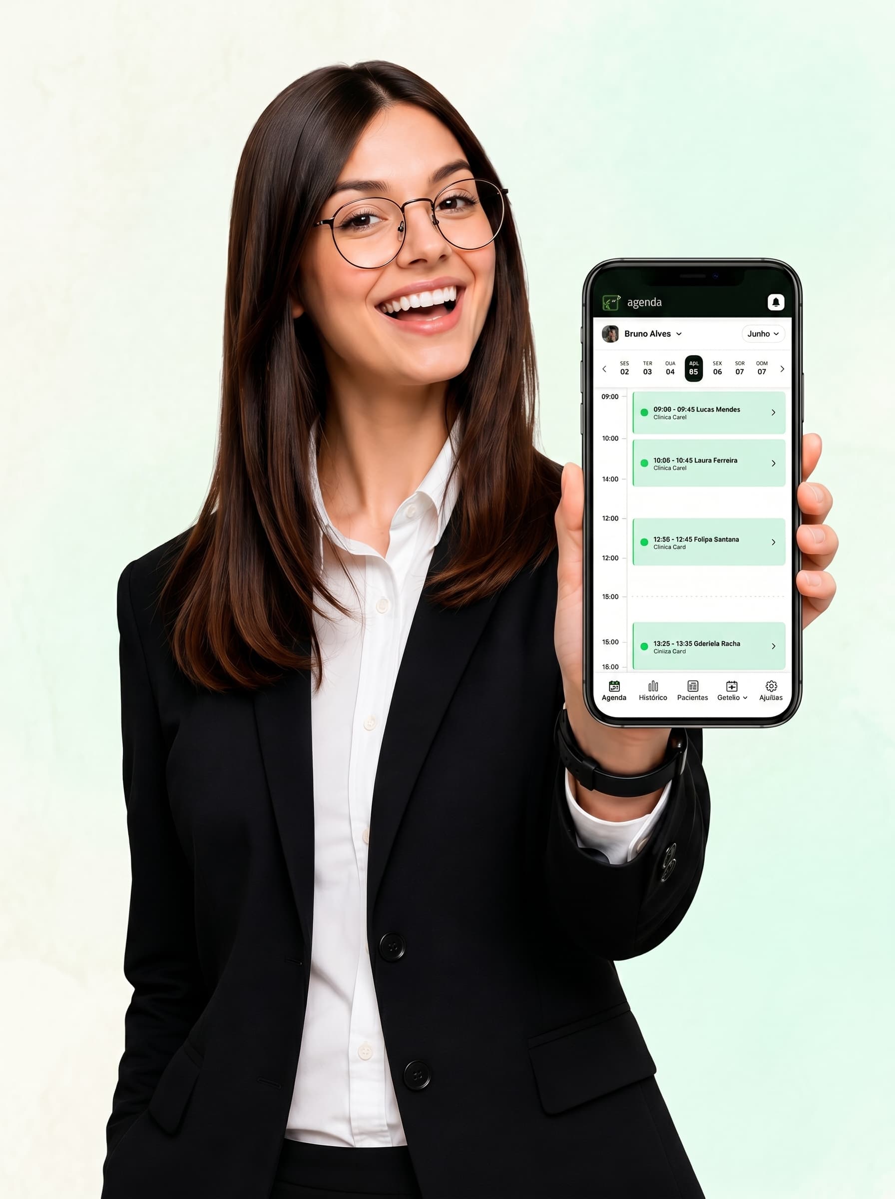 Profissional apresentando o app Agendesk