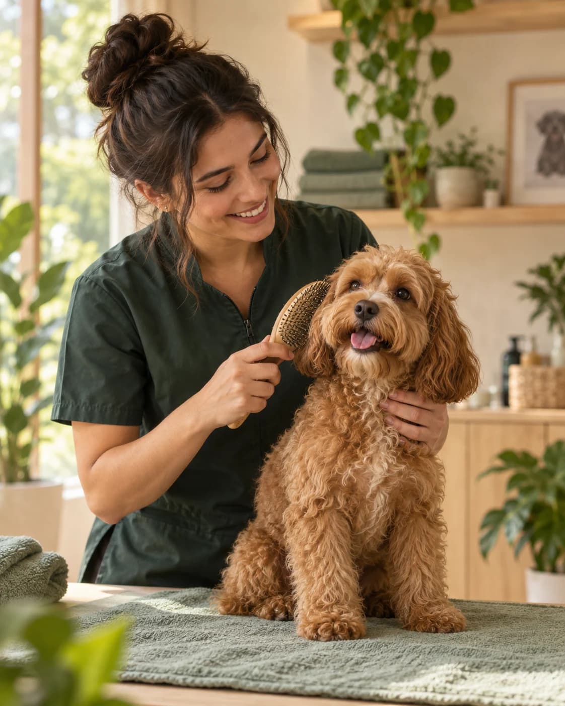 Cena ilustrativa de uma profissional cuidando de um cão em um pet shop