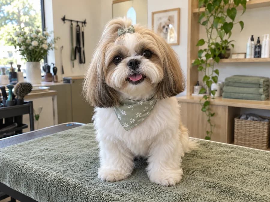 Foto ilustrativa da Nina, uma Shih-tzu branca e caramelo, limpa e com bandana verde após o banho